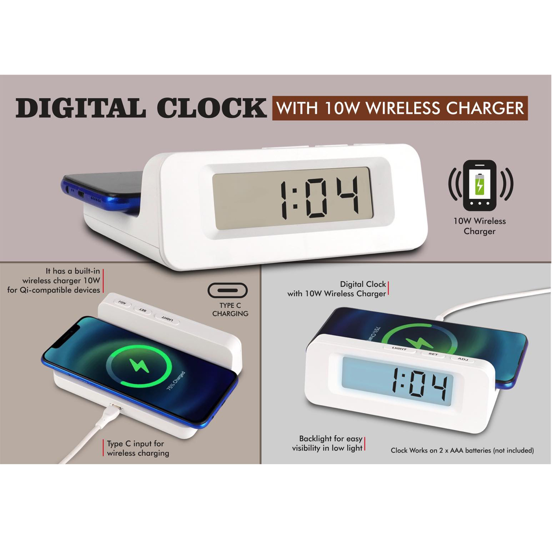 101-A140*Digital Clock with 10W Wireless Charger Type C input for charger