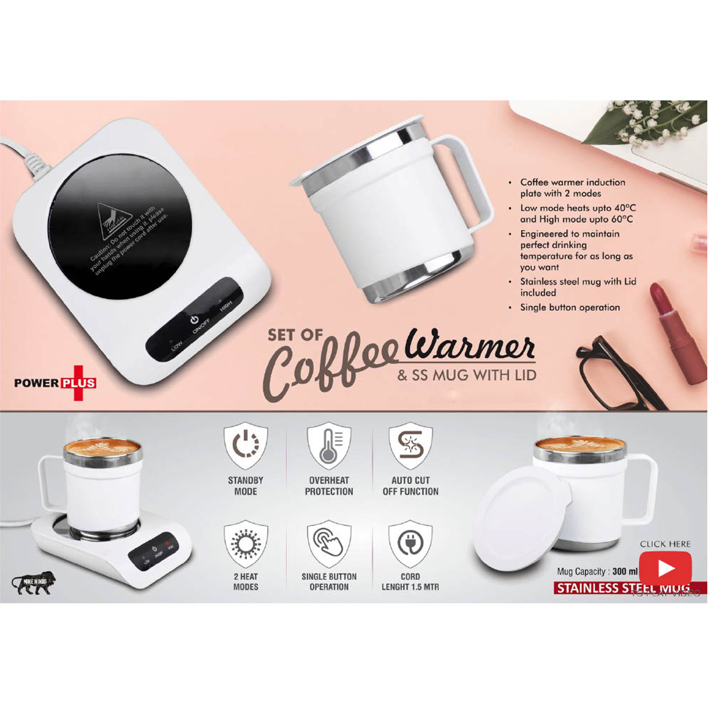 101-H290*Set of Coffee warmer & SS Mug with Lid Auto Cut off