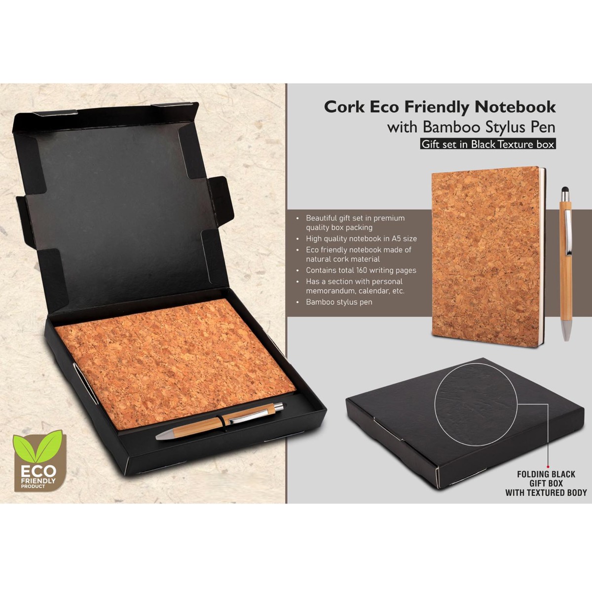 101-Q60A*Cork Notebook with Bamboo Stylus pen Gift set in Black box